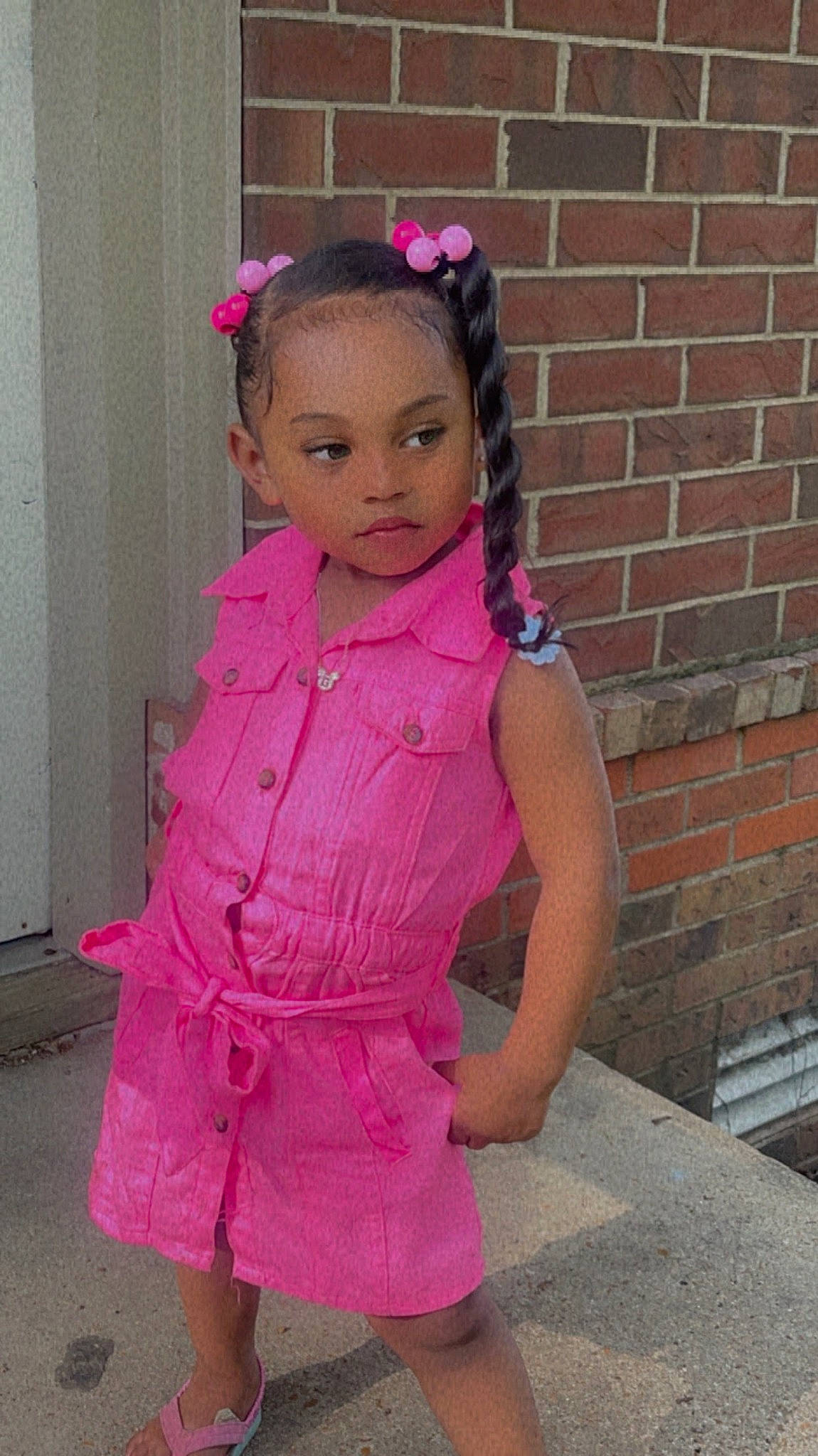 Indiya Gibbs is registered to the contest to win money with this photo: baby_toddler_clothing, black_hair, clothing, day_dress, dress, eyelash, facial_expression, hair, head, jewellery, lip, magenta, neck, person, pink, purple, shoulder, skin, sleeve, textile