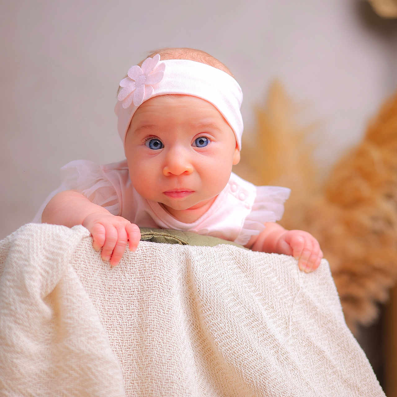 Siana is registered to the contest to win money with this photo: baby, baby_girl, blanket, blue_eyes, blurred_background, child, clothing, curious, cute, decor, face, hand, headband, indoors, infant, pampas_grass, pink, portrait, soft_fabric, toddler