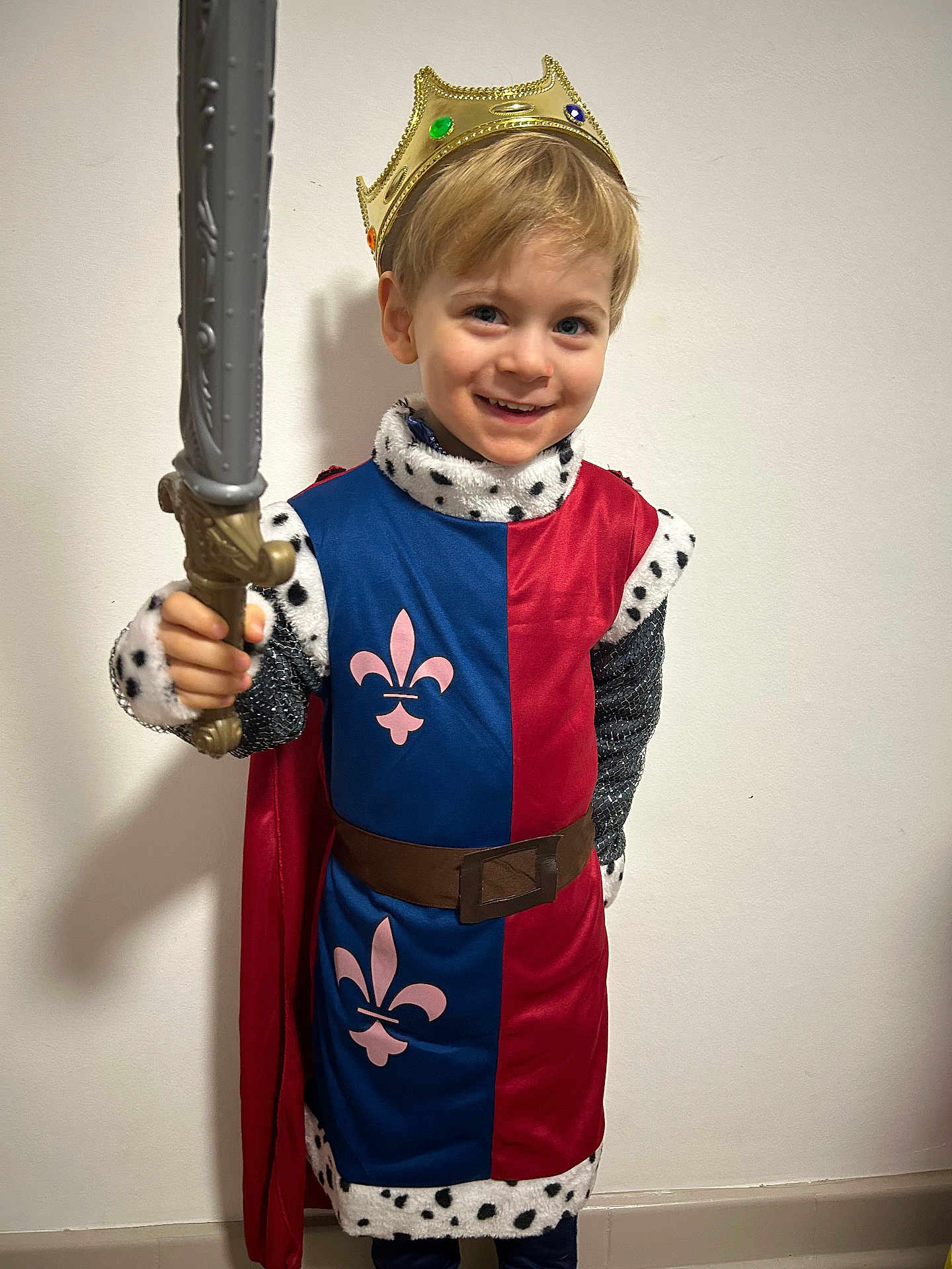 William participe au concours pour gagner de l'argent avec cette photo : belt, blond_hair, boy, cape, child, costume, crown, fabric, fleur_de_lis, fur_trim, happy, indoor, knight, playful, portrait, smile, standing, toy_sword, white_wall, young_child