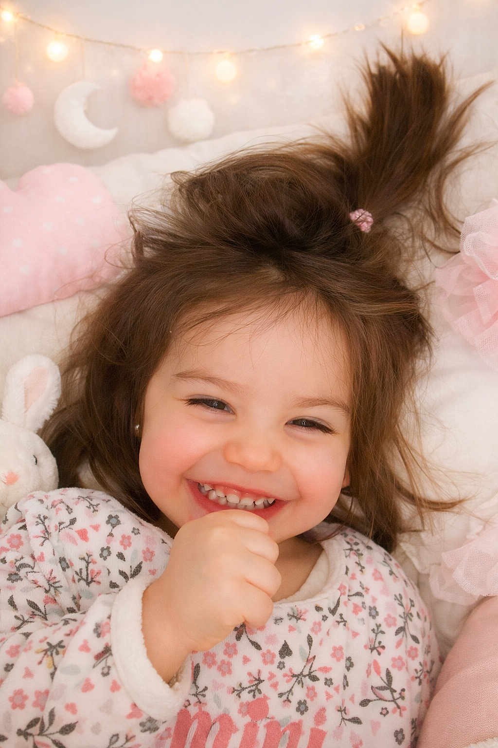 Leïa a rejoint le concours — aidez-le/la à gagner de superbes lots ! toddler, smiling, child, toy, bunny, cute, happy, indoor, pajamas, floral_pattern, pink, cozy, bed, hair, pony_tail, soft_toy, decorations, fairy_lights, pom_poms, portrait