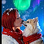 Nala participe au concours pour gagner de l'argent avec cette photo : affection, animal, aurora_borealis, breath_visible, cold_weather, cute, dog, love, night, northern_lights, outdoor, pet, portrait, red_hair, red_scarf, snow, snowflakes, white_fur_coat, winter, woman