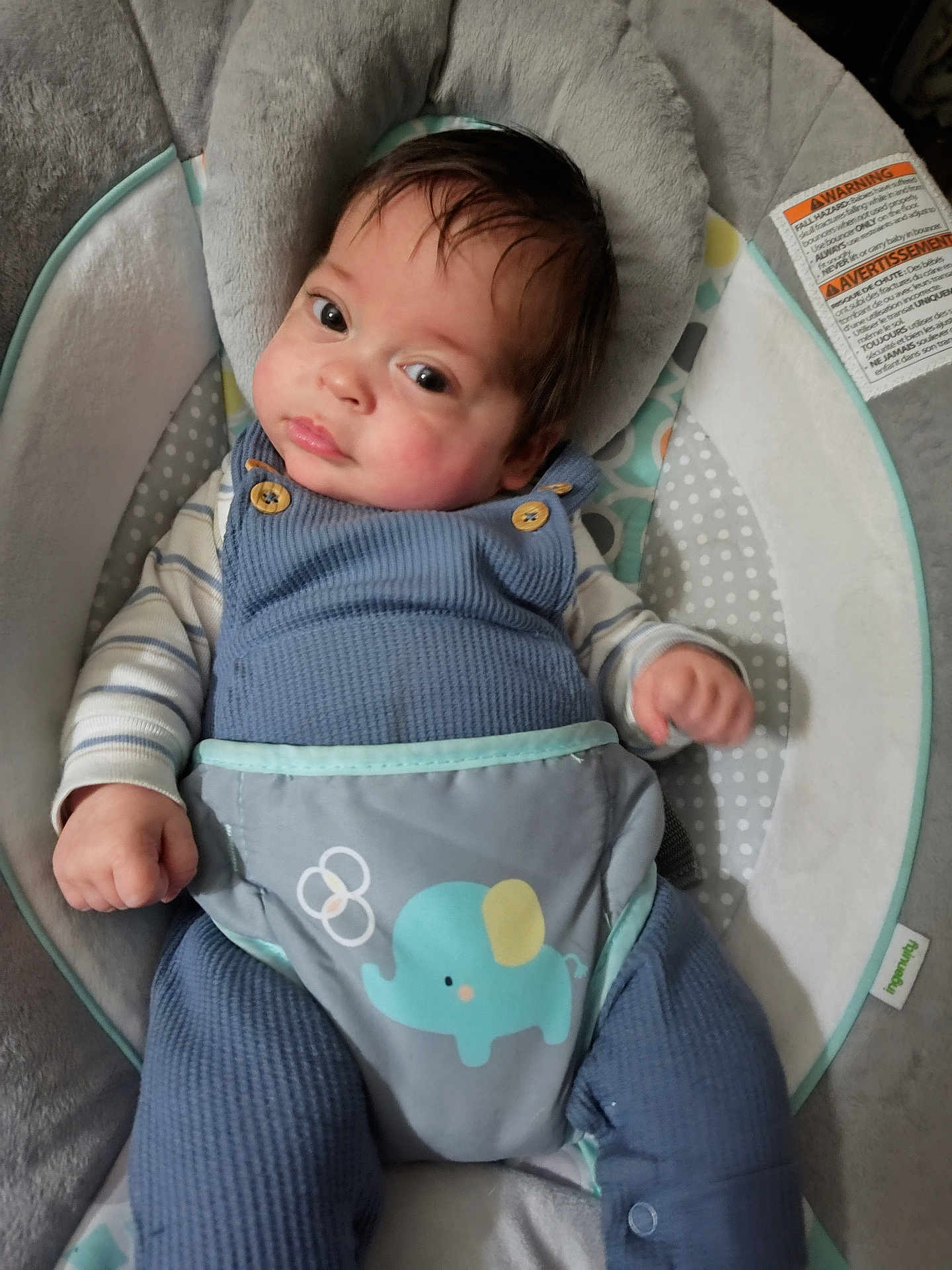 John is registered to the contest to win money with this photo: baby, infant, blue_outfit, elephant_print, baby_seat, cushion, face, expression, hair, clothing, child, indoor, cute, portrait, sitting, young_child, comfort, hand, looking, soft