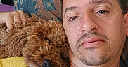 Taz participe au concours pour gagner de l'argent avec cette photo : man, dog, brown_dog, curly_fur, face, head, pillow, blanket, bed, resting, closeup, indoors, relaxed, casual, person, pet, fur, sleepy, comfort, cuddle