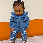 Ziya is registered to the contest to win money with this photo: toddler, child, denim, outfit, hearts, white_bows, sandals, hair_accessories, standing, looking_down, orange_wall, white_wall, indoor, cute, fashion, young_child, shoes, clothing, portrait, baby