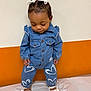 toddler, child, denim, outfit, hearts, white_bows, sandals, hair_accessories, standing, looking_down, orange_wall, white_wall, indoor, cute, fashion, young_child, shoes, clothing, portrait, baby