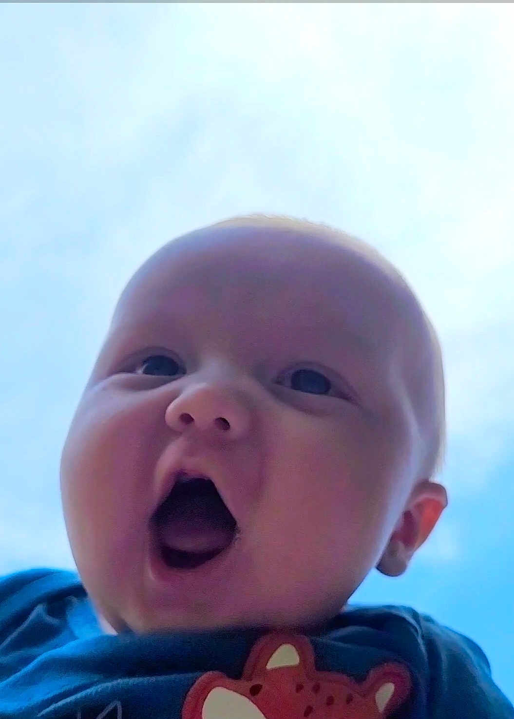 Avery joined the competition — help win amazing prizes! baby, child, face, closeup, expression, mouth_open, sky, blue_sky, outdoor, cute, joyful, surprised, infant, person, clothing, toddler, head, cheeks, animal_patch, casual