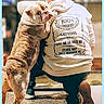 bulldog, dog, baby, person, hugging, standing, kneeling, indoors, living_room, rug, sweatshirt, printed_text, back_view, pet, companion, cute, funny, friendship, photograph, facebook_interface