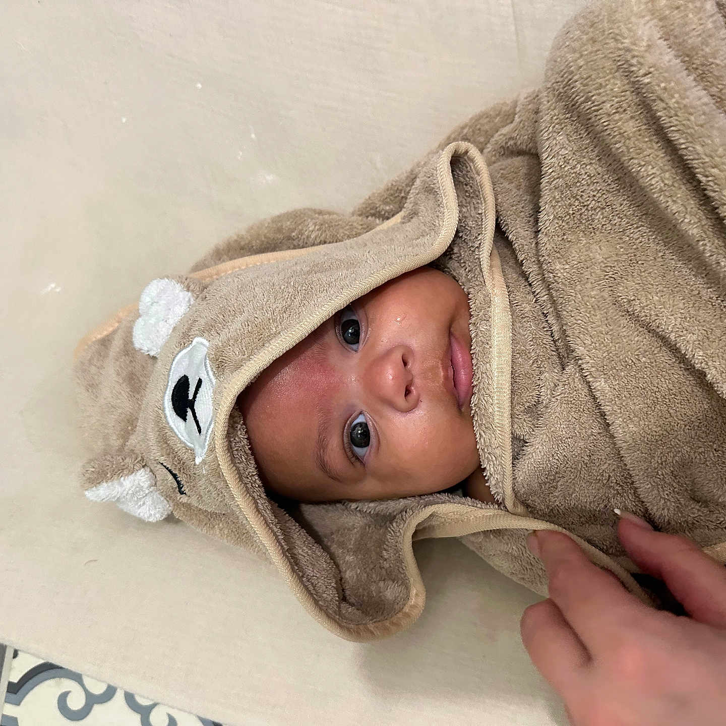 Liam a rejoint le concours — aidez-le/la à gagner de superbes lots ! baby, bear, beige, child, cozy, cute, eyes, face, hand, hood, indoor, infant, person, portrait, skin, soft, texture, towel, warm, wrapped