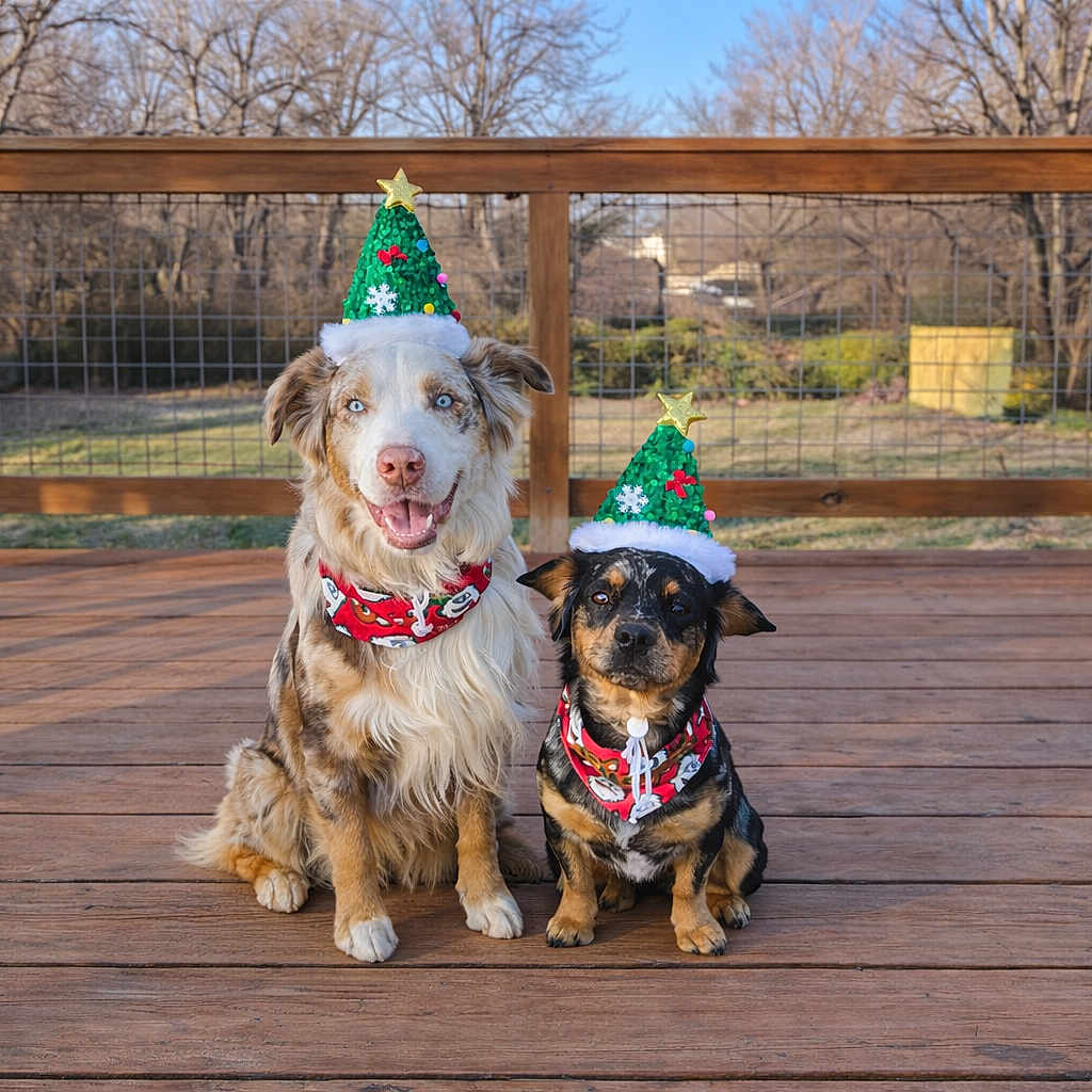 Cornelius And Ryder is registered to the contest to win money with this photo: bandana, black_coat, blue_eyes, brown_coat, canine, christmas_hat, deck, dog, fence, festive, happy, holiday, large_dog, outdoor, pet, sitting, small_dog, trees, two_dogs, winter
