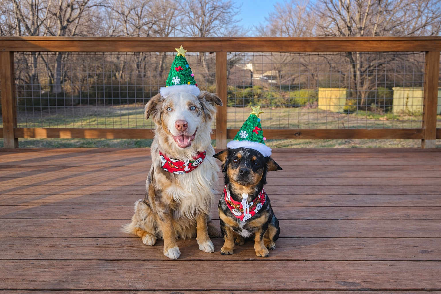 Cornelius And Ryder is registered to the contest to win money with this photo: dog, two_dogs, christmas_hat, holiday, deck, outdoor, fence, winter, trees, festive, pet, canine, bandana, happy, sitting, brown_coat, black_coat, blue_eyes, small_dog, large_dog