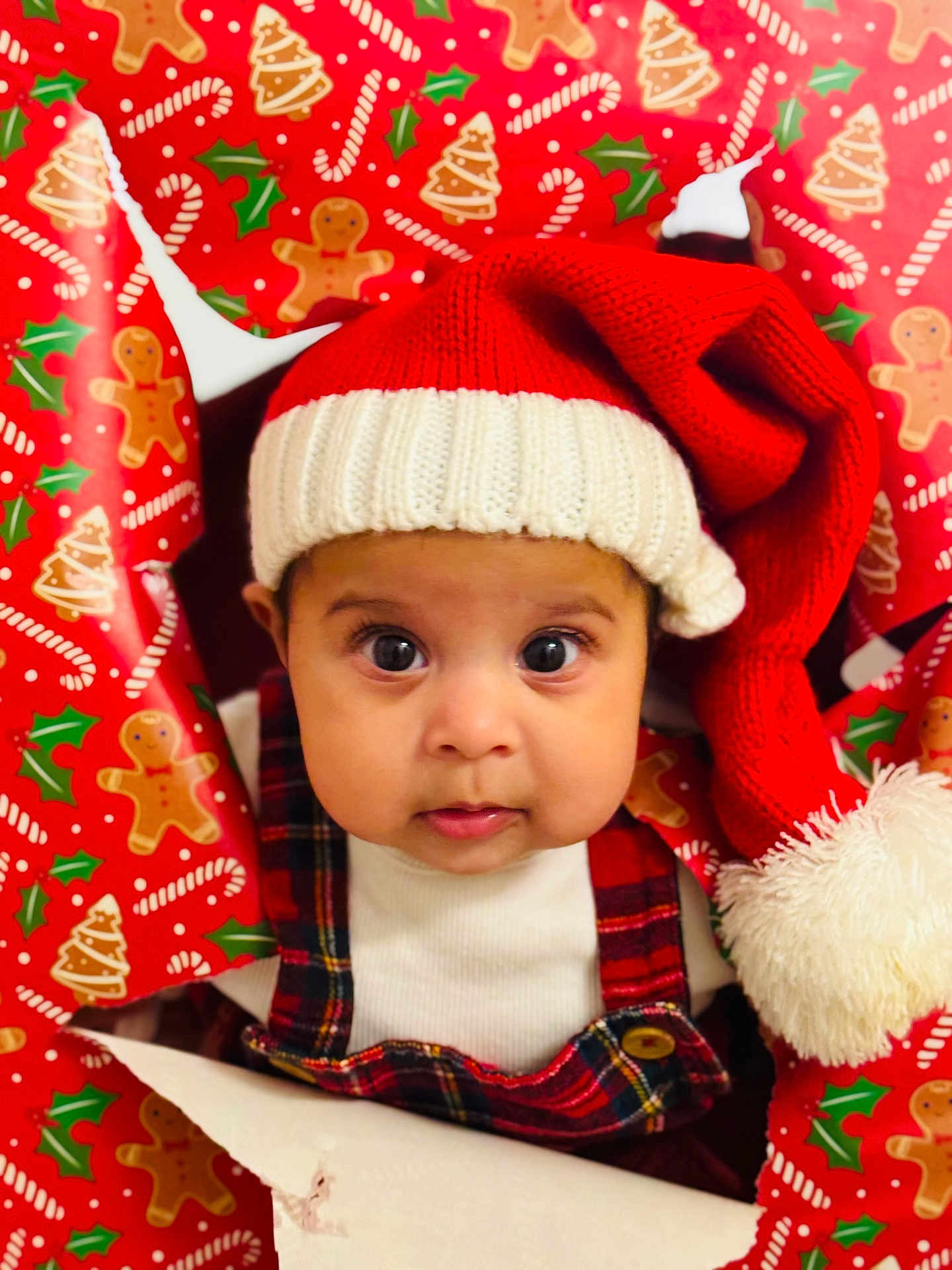Eliza is registered to the contest to win money with this photo: baby, child, face, hat, santa_hat, christmas, wrapping_paper, holiday, plaid, clothing, festive, cute, indoors, portrait, closeup, red, white, expression, eyes, person