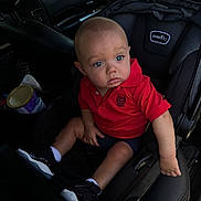 Maddox is registered to the contest to win money with this photo: baby, child, car_seat, red_shirt, blue_eyes, infant, car_interior, seat_belt, black_shoes, white_socks, shorts, cute, young, portrait, sitting, vehicle, leather_seat, curious, indoors, casual_clothing
