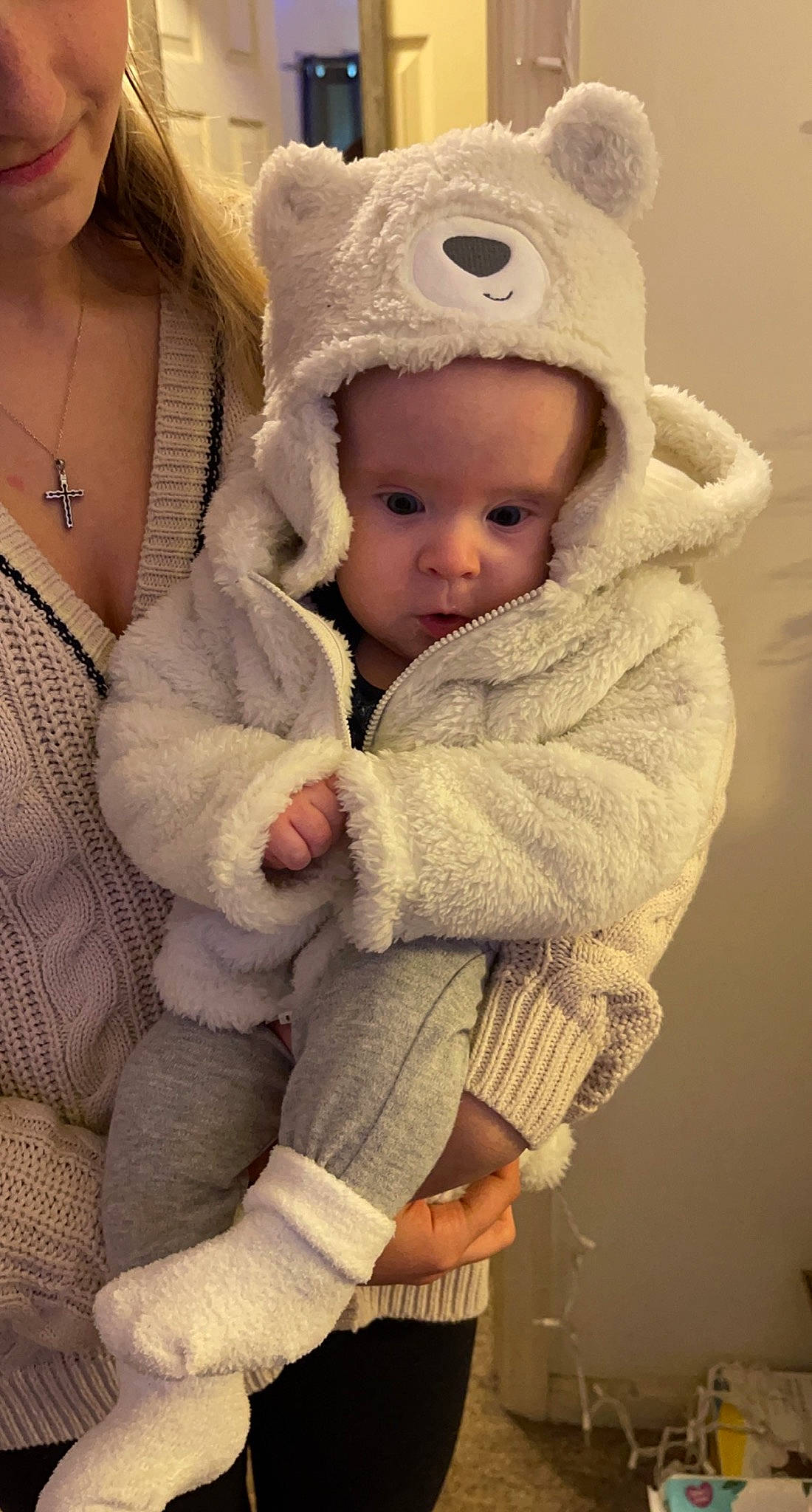 Alaina joined the competition — help win amazing prizes! baby, baby_toddler_clothing, cap, cheek, child, fur, gesture, happy, human, iris, knit_cap, organ, person, skin, sleeve, standing, textile, toddler, winter, wool