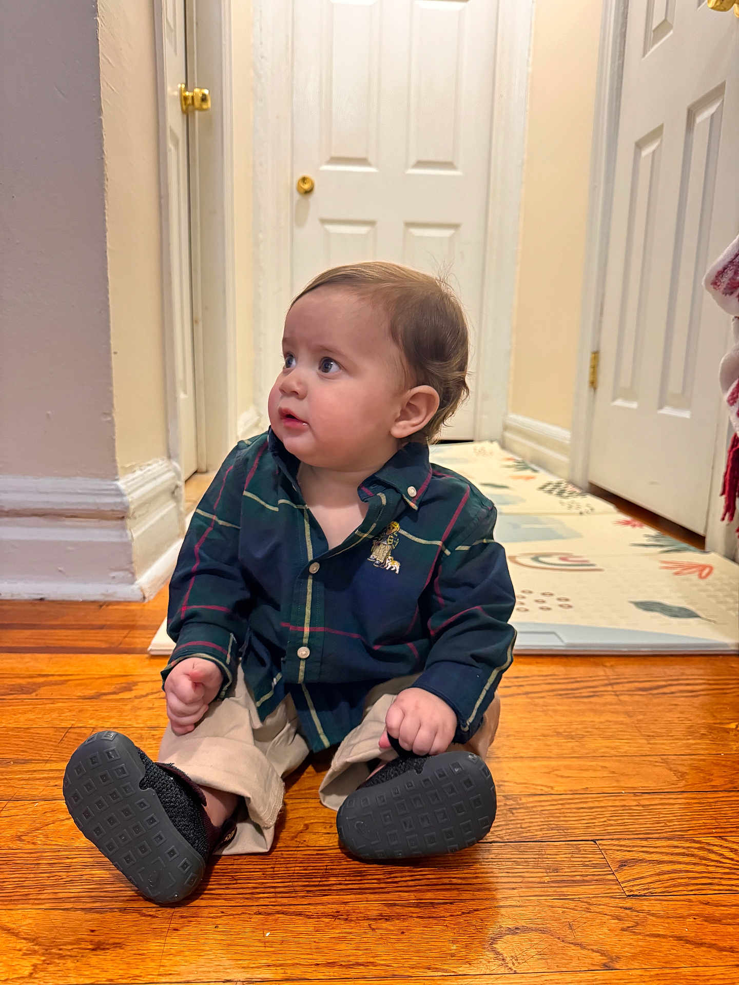 Bruno joined the competition — help win amazing prizes! baby, child, sitting, floor, wooden_floor, shirt, plaid, pants, shoe, indoor, hallway, door, curious, person, young_child, casual_clothing, footwear, home, portrait, looking_away