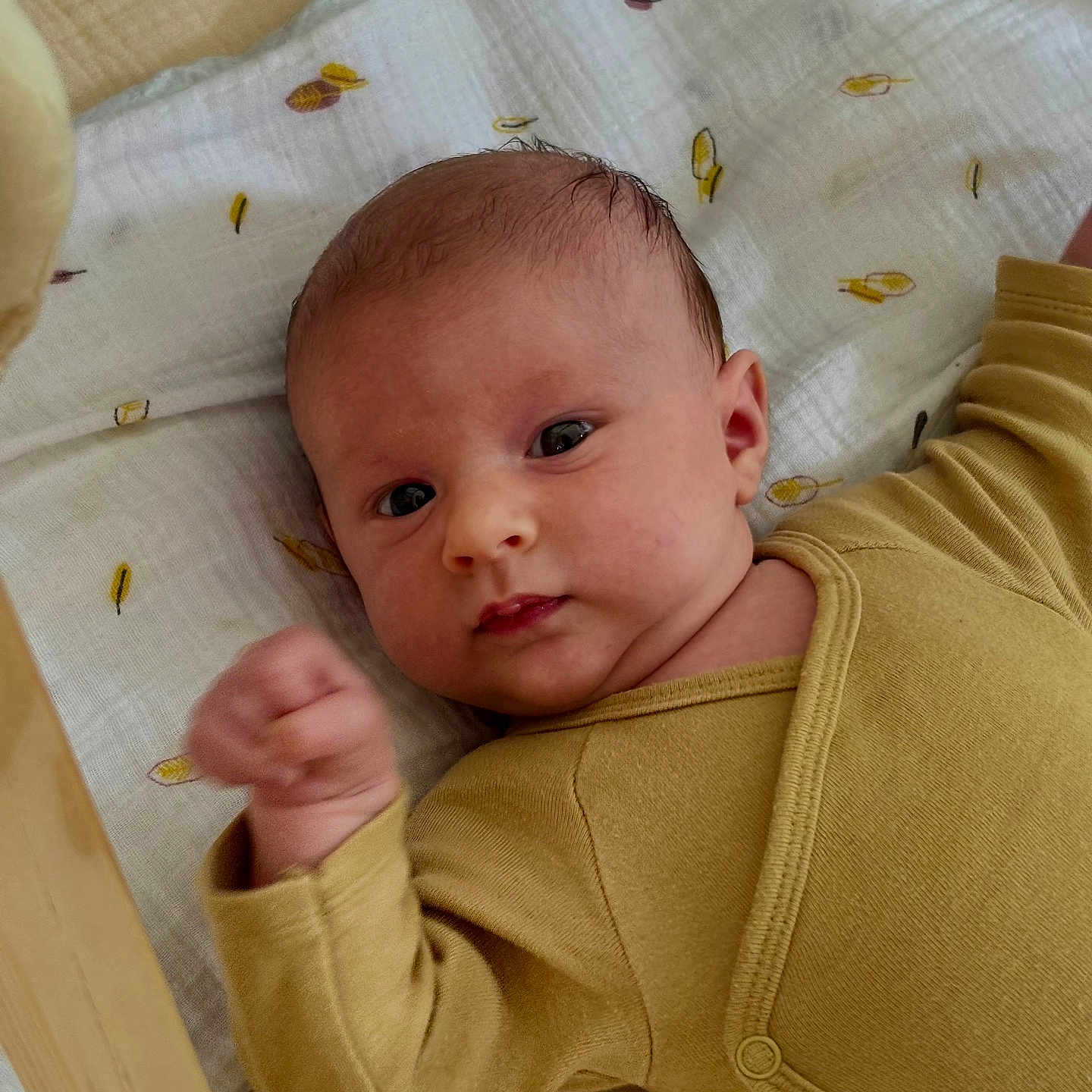 Chiara a rejoint le concours — aidez-le/la à gagner de superbes lots ! baby, infant, blanket, pattern, yellow_clothing, face, skin, head, hand, fist, lying_down, bed, wood, fabric, cute, young_child, portrait, indoors, person, newborn