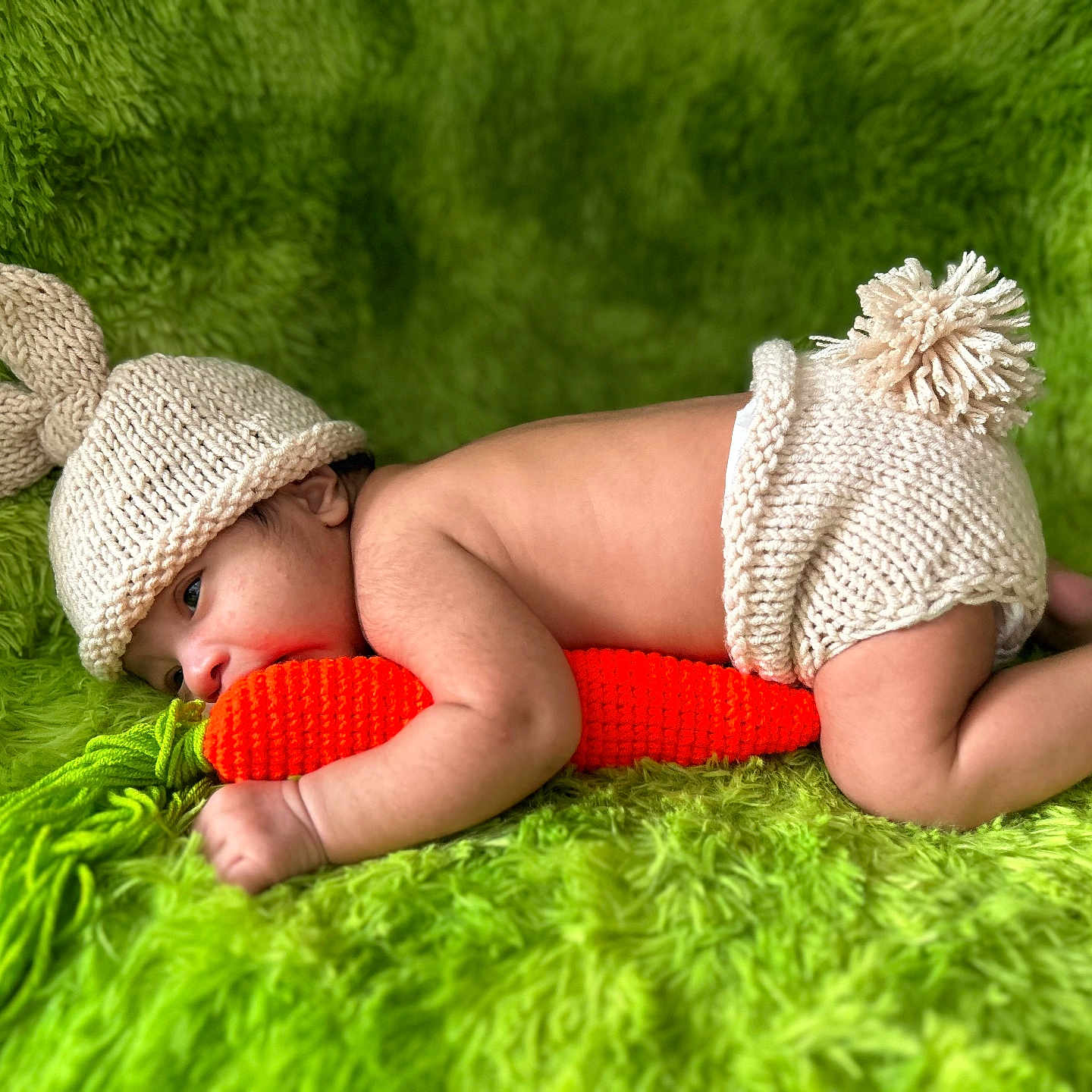 Julius is registered to the contest to win money with this photo: baby, infant, knitted_hat, knitted_diaper_cover, carrot, plush_carrot, green_blanket, fluffy_texture, cute, lying_down, baby_pose, soft_lighting, indoors, child, newborn, adorable, hat_with_ears, hand, face, skin