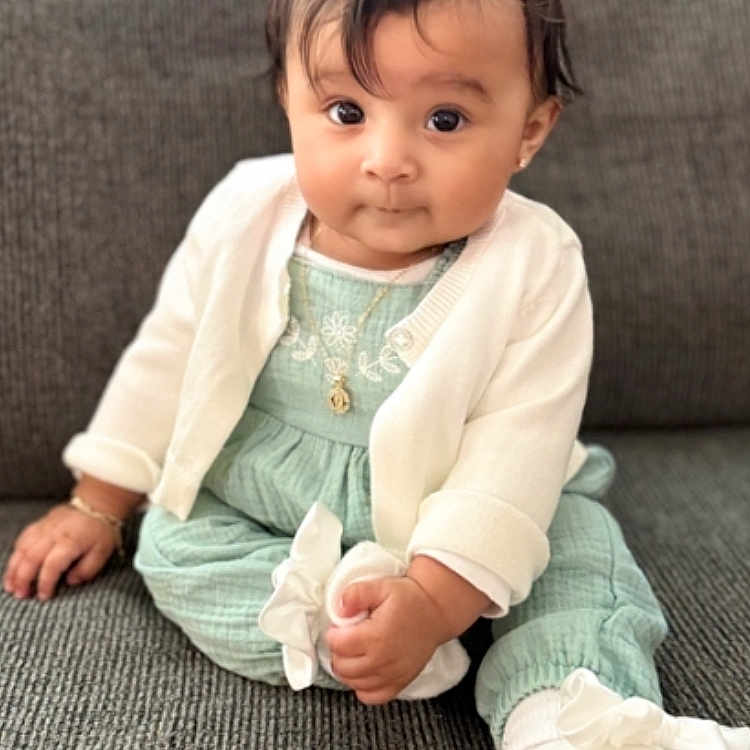 Alenia joined the competition — help win amazing prizes! accessories, baby, bodypart, clothing, face, finger, hand, happy, head, jeans, jewelry, longsleeve, necklace, pants, person, photography, portrait, sitting, sleeve, smile