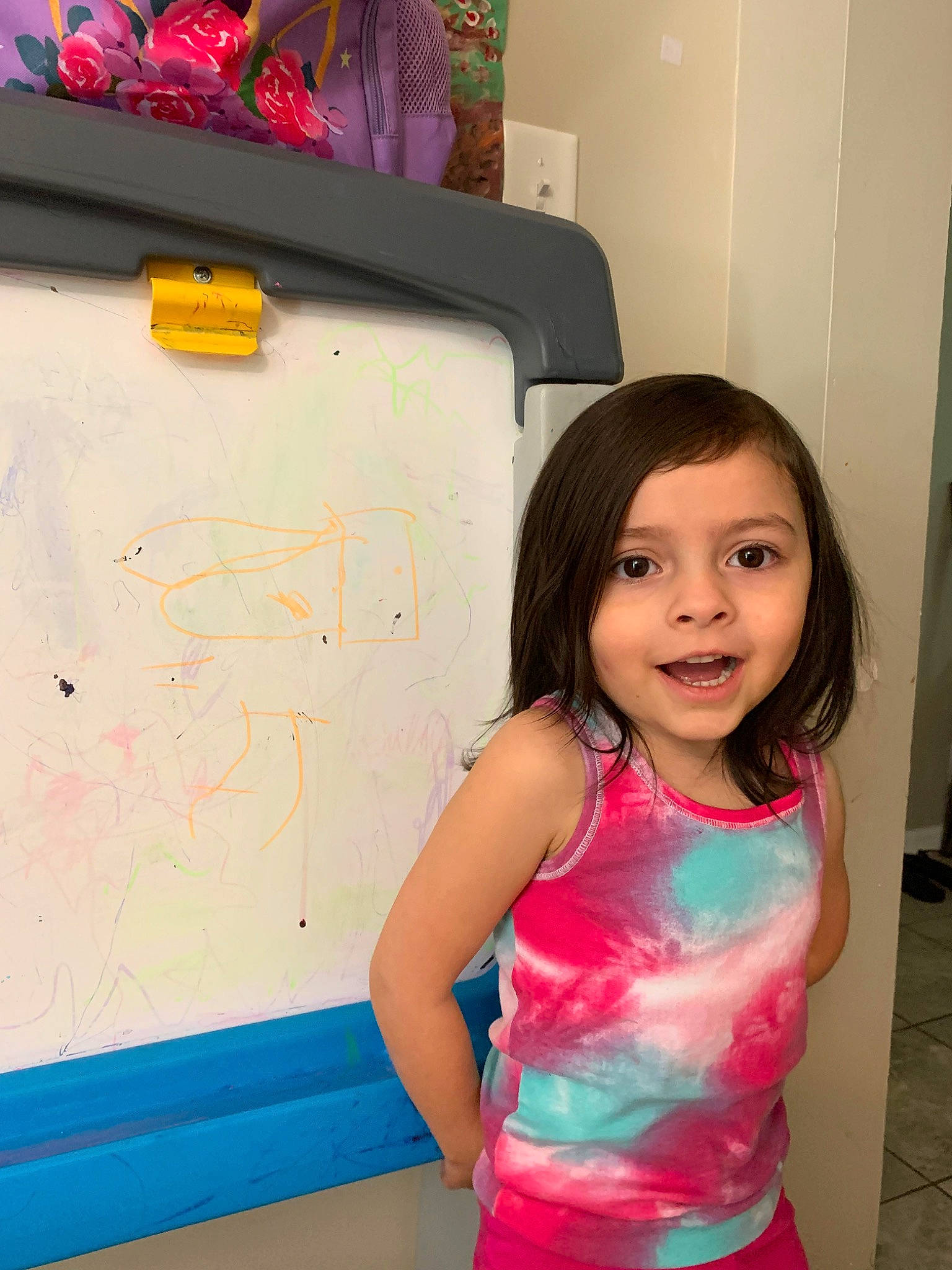 Sofia is registered to the contest to win money with this photo: art, child, electric_blue, flooring, fun, happy, human, joy, leisure, magenta, paint, people, person, play, room, smile, standing, t_shirt, toddler, visual_arts