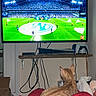 cat, blanket, tv, television, soccer, sports, gaming_console, controller, cables, shelf, indoor, watching, orange_cat, relaxed, room, electronics, game, entertainment, animal, pet