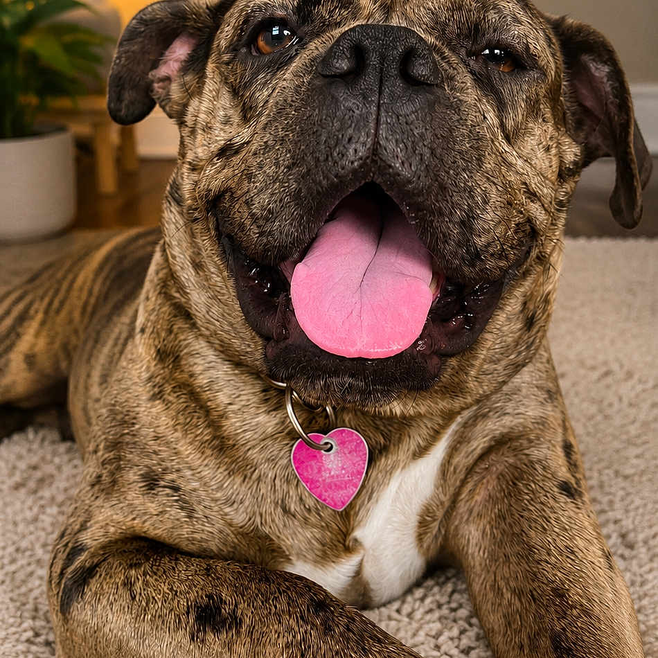Meeka joined the competition — help win amazing prizes! dog, brindle, tongue_out, pet, indoor, carpet, lamp, plant, collar, heart_shaped_tag, relaxed, close_up, canine, paw, fur, friendly, smiling, home, animal, cute