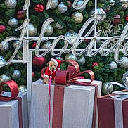 Lilly joined the competition — help win amazing prizes! celebration, christmas, christmas_tree, cute, decorations, dog, festive, gift, green, holiday, leash, ornaments, outdoor, present, red, ribbon, santa_costume, seasonal, silver, small_dog