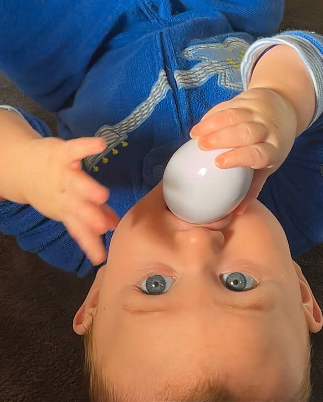 Carter is registered to the contest to win money with this photo: baby, blue_clothing, child, close_up, cute, egg, face, fingers, guitar_design, hand, infant, laying_down, looking_up, mouth, one_person, pale_skin, portrait, real_people, soft_lighting, young_child