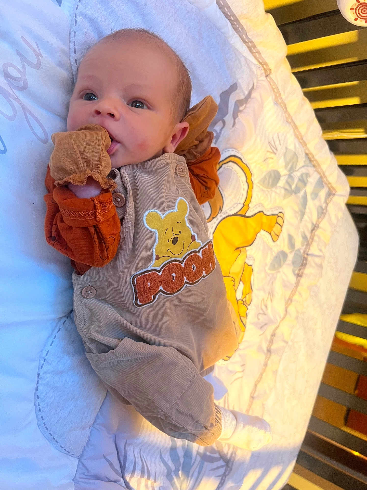 Isaiah is registered to the contest to win money with this photo: baby, infant, crib, pooh, clothing, mittens, socks, bedding, cute, child, person, newborn, lying_down, soft_lighting, indoors, portrait, cute_outfit, baby_garment, sleeping_area, toddler