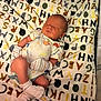 Isaiah is registered to the contest to win money with this photo: newborn, baby, sleeping, onesie, mittens, socks, alphabet_blanket, colorful, infant, cute, peaceful, lying_down, soft, blanket, patterned, child, indoors, resting, small, adorable