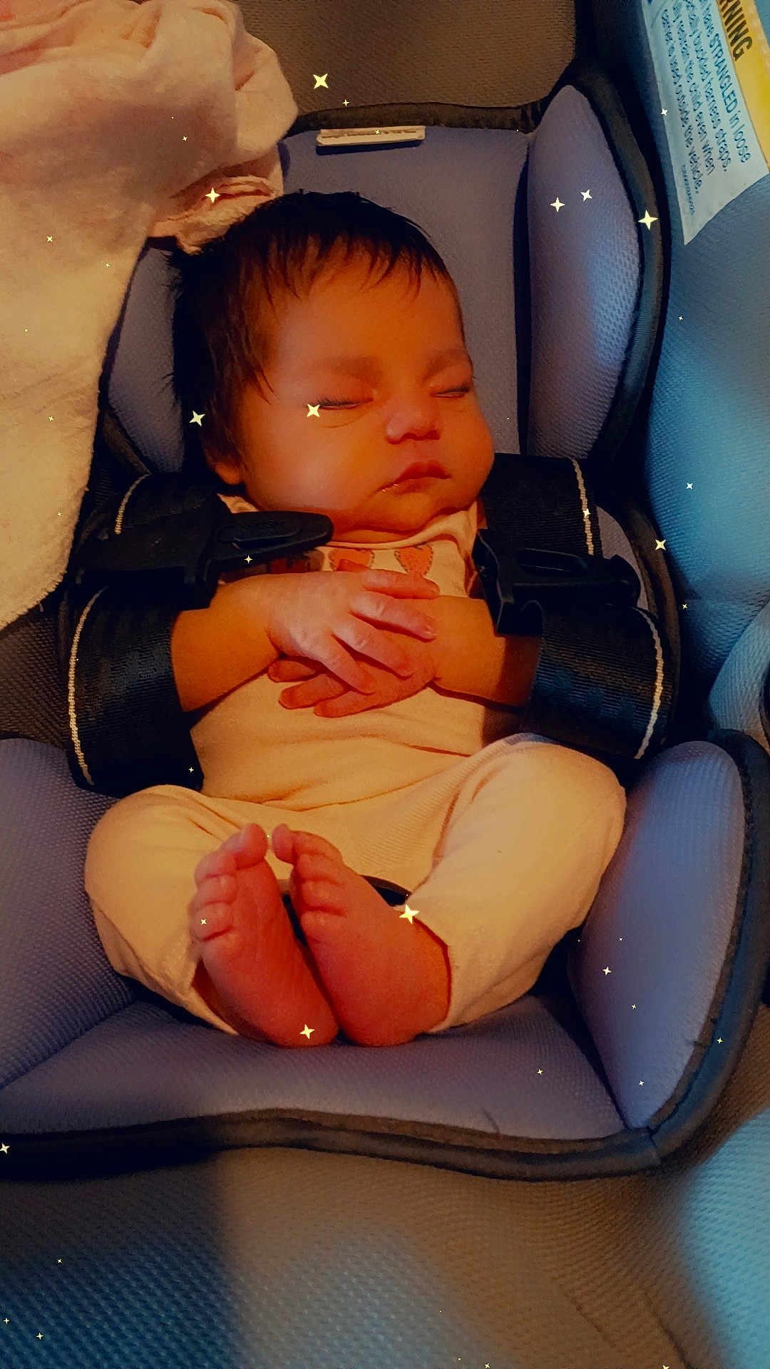 Felicity joined the competition — help win amazing prizes! baby, sleeping, car_seat, hands, feet, blanket, child, infant, seat_belt, blue, comfort, cute, peaceful, indoors, portrait, rest, soft, star_effects, toddler, clothing