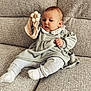 Phoebe is registered to the contest to win money with this photo: baby, child, toy, flower, couch, fabric, dress, socks, legwear, sitting, indoor, furniture, portrait, face, person, expression, comfort, soft, texture, casual