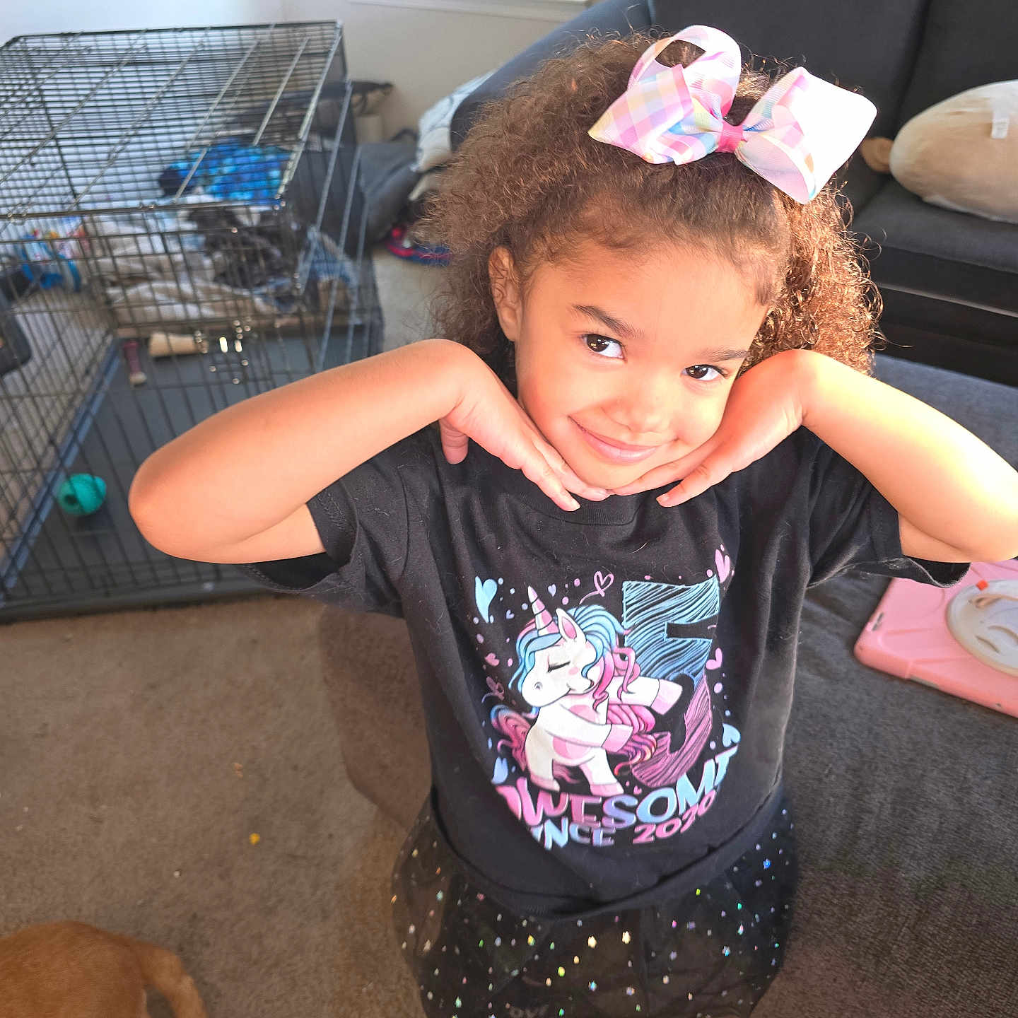 Kyngsleigh joined the competition — help win amazing prizes! animal, architecture, building, canine, child, clothing, couch, dog, face, female, furniture, girl, head, indoors, livingroom, person, photography, portrait, room, t_shirt