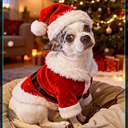 Guizmo a rejoint le concours — aidez-le/la à gagner de superbes lots ! dog, christmas, santa_hat, santa_costume, holiday, festive, pet, indoor, decorations, christmas_tree, lights, gift_boxes, cozy, bed, fur, cute, small_dog, holiday_season, celebration, warm_lighting