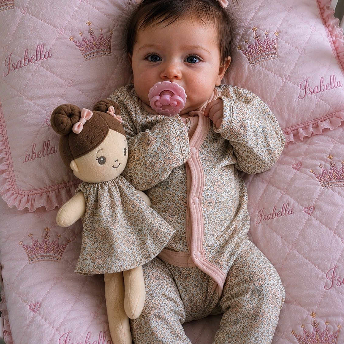 Isabella is registered to the contest to win money with this photo: baby, child, pacifier, pigtails, doll, pink, blanket, quilted, embroidery, clothing, infant, cute, indoor, portrait, soft_lighting, toy, bed, comfort, person, sleepwear