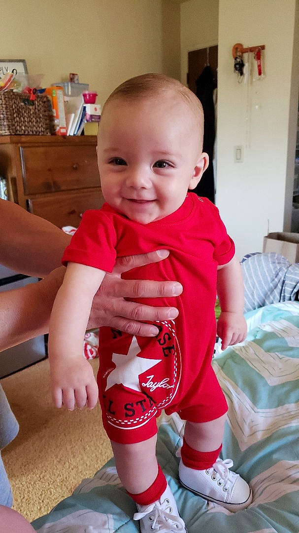 Logan joined the competition — help win amazing prizes! baby, baby_products, baby_toddler_clothing, child, joy, person, skin, standing, toddler