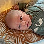 baby, blanket, child, comfort, cozy, cushion, cute, dinosaur_print, face, indoors, infant, looking, lying_down, onesie, patterned, portrait, resting, sleeping_area, soft_texture, young