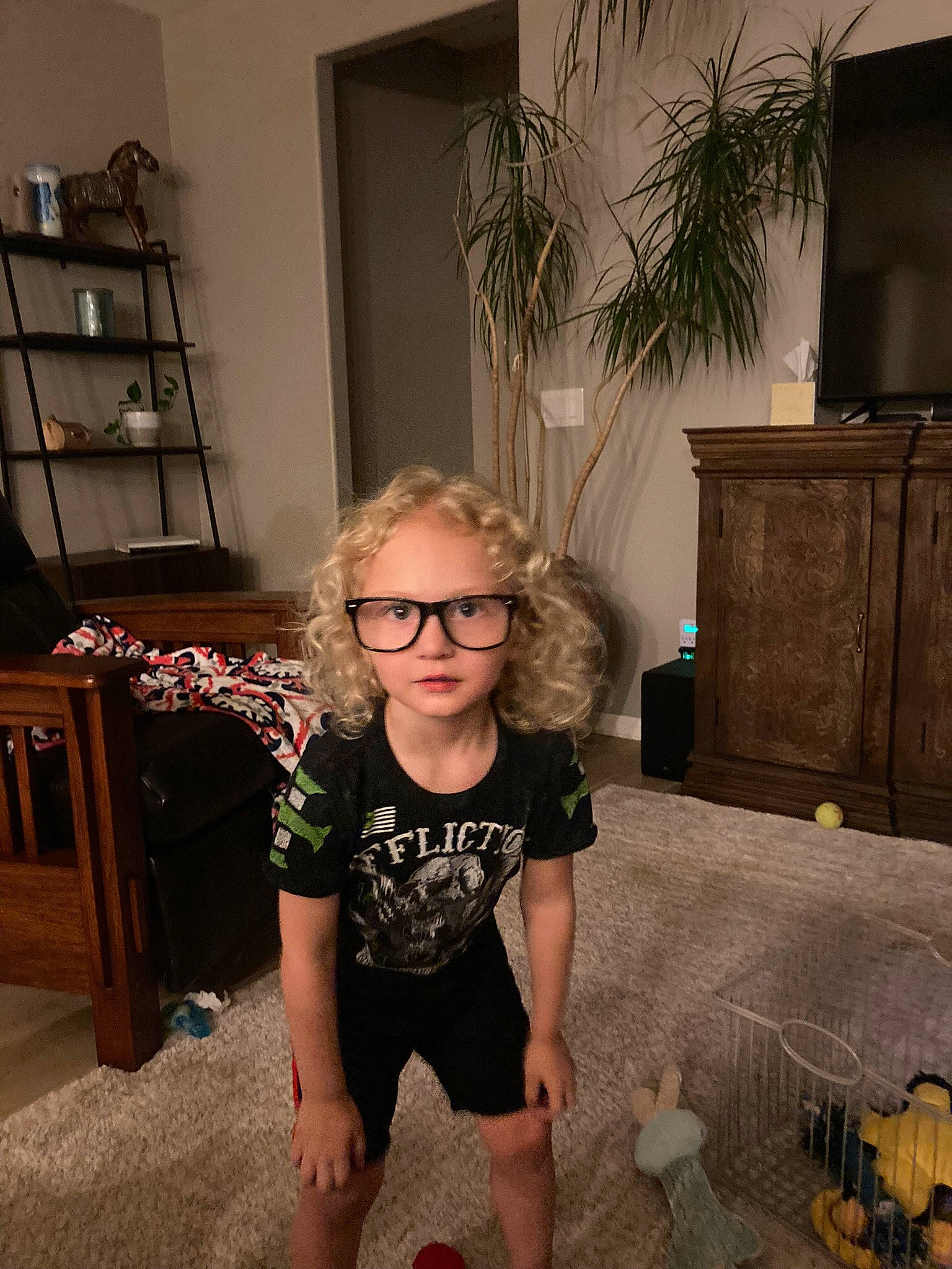 Jackie joined the competition — help win amazing prizes! cabinetry, drawer, eyewear, floor, flooring, fun, glasses, hair, hardwood, head, holiday, houseplant, kitchen, person, plant, room, sunglasses, toddler, tree, vision_care