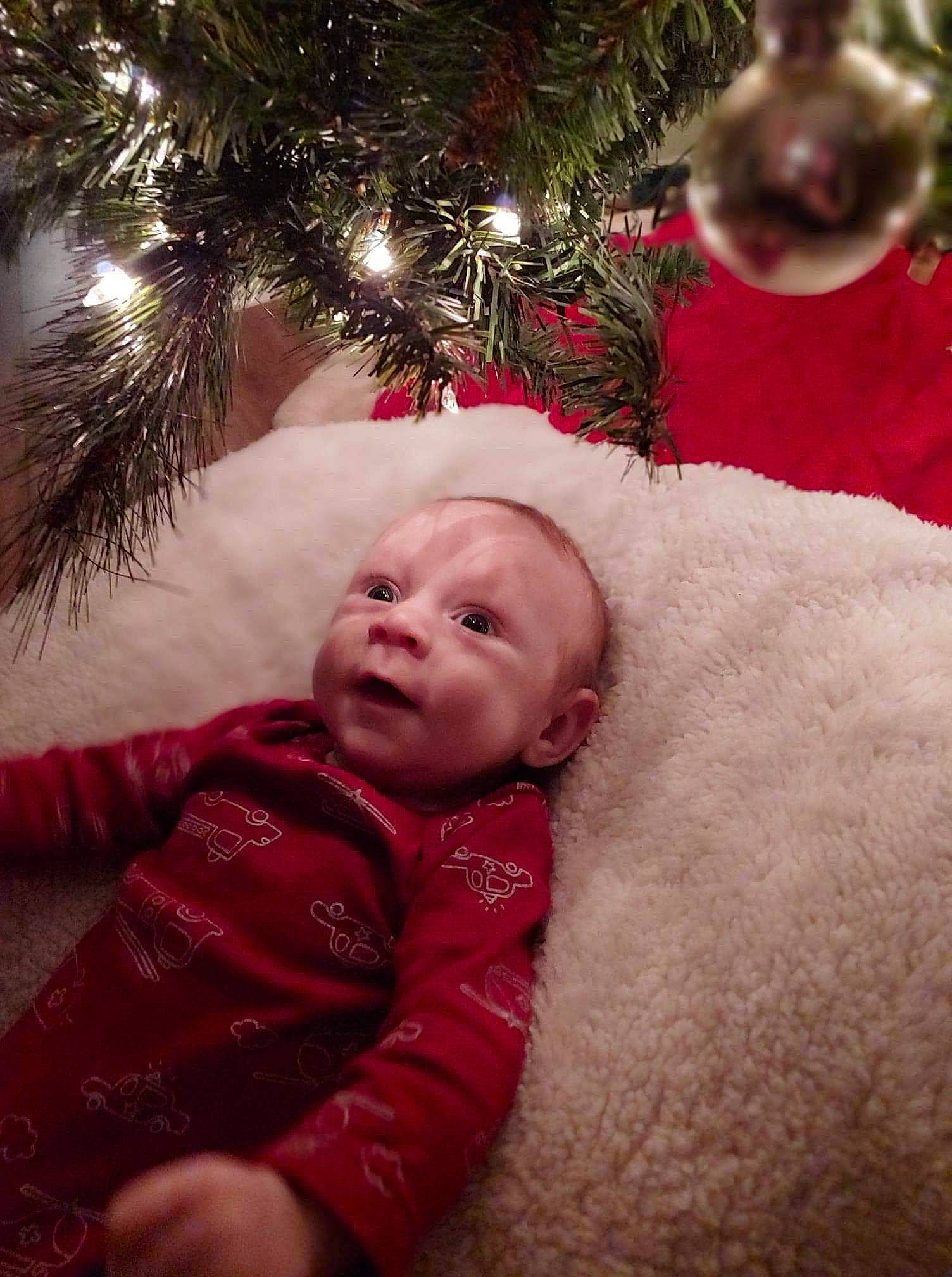 Luther is registered to the contest to win money with this photo: baby, cheek, child, christmas, christmas_decoration, christmas_eve, christmas_ornament, christmas_tree, fir, fur, head, holiday, person, skin, toddler, tree