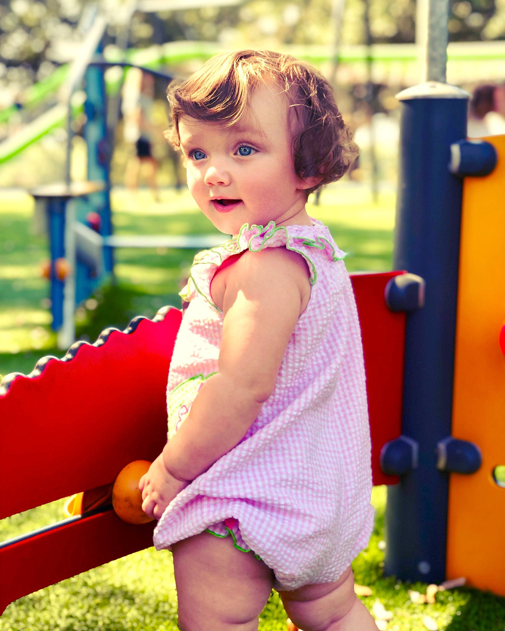 Riley Claire joined the competition — help win amazing prizes! baby, beauty, cheek, child, child_model, eye, fun, happy, human_settlement, outdoor_play_equipment, person, pink, play, playground, public_space, recreation, skin, smile, summer, toddler