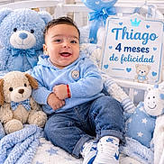 Thiago joined the competition — help win amazing prizes! baby, infant, child, smiling, sitting, portrait, blue_theme, teddy_bear, stuffed_animal, balloon, crib, blanket, plush_toy, baby_clothing, jeans, sneakers, nursery, birthday_sign, indoor, happy