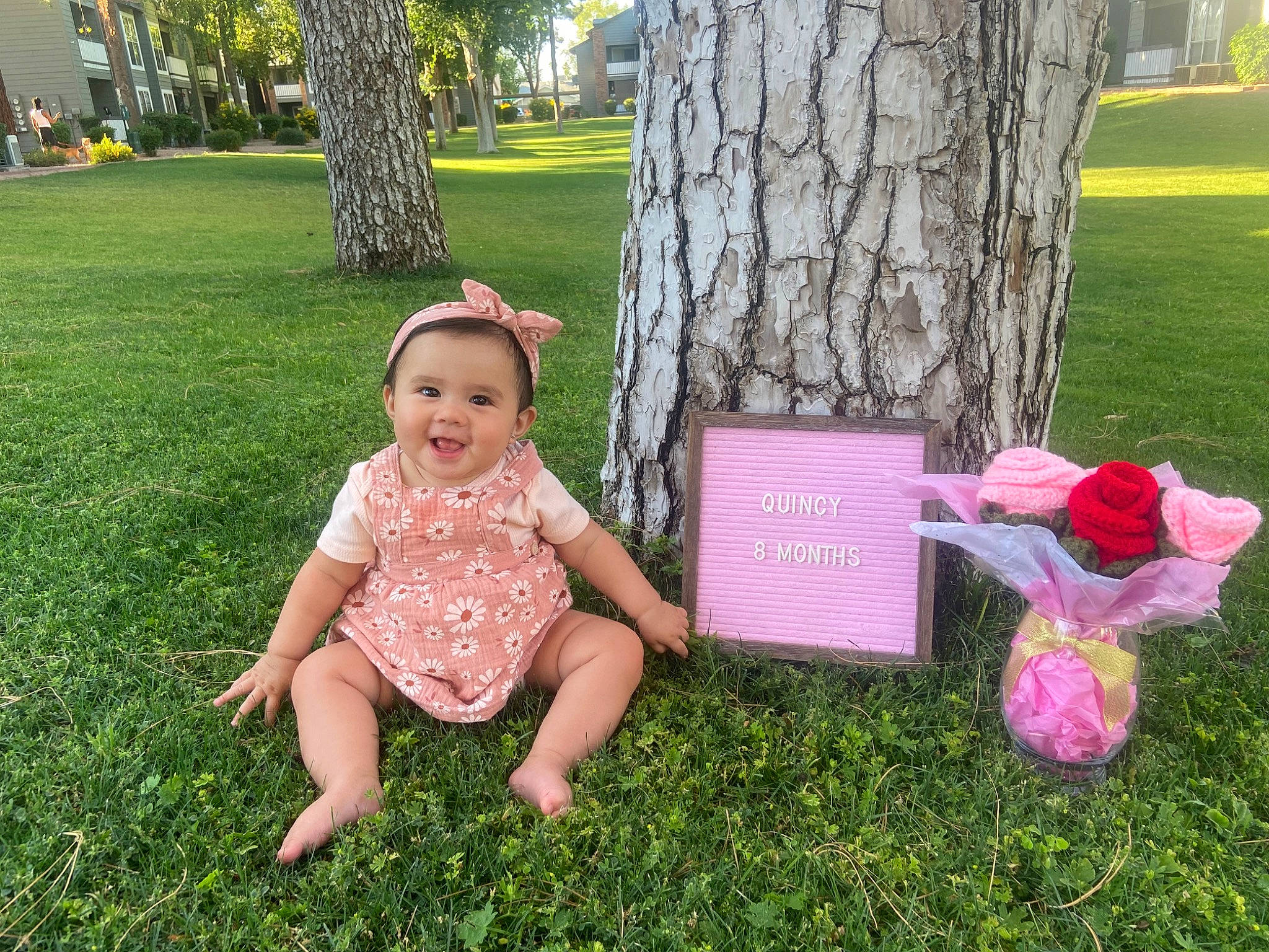 Quincy is registered to the contest to win money with this photo: botany, grass, grass_family, green, groundcover, happy, human_body, joy, leaf, leisure, meadow, people_in_nature, person, pink, plant, public_space, recreation, smile, toddler, tree