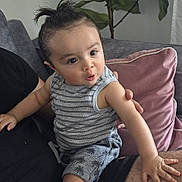 Chalom a rejoint le concours — aidez-le/la à gagner de superbes lots ! casual_clothing, child, couch, curious, expression, furniture, hair_tied, hand, home, indoor, lap, palm_tree_pattern, person, pillow, plant, relaxed, shorts, sitting, striped_shirt, toddler
