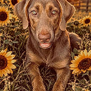 Jade joined the competition — help win amazing prizes! dog, labrador, chocolate_dog, pet, animal, portrait, close_up, sunflowers, flowers, garden, field, outdoors, nature, sunset, golden_hour, brown_fur, floppy_ears, happy, sitting, photography
