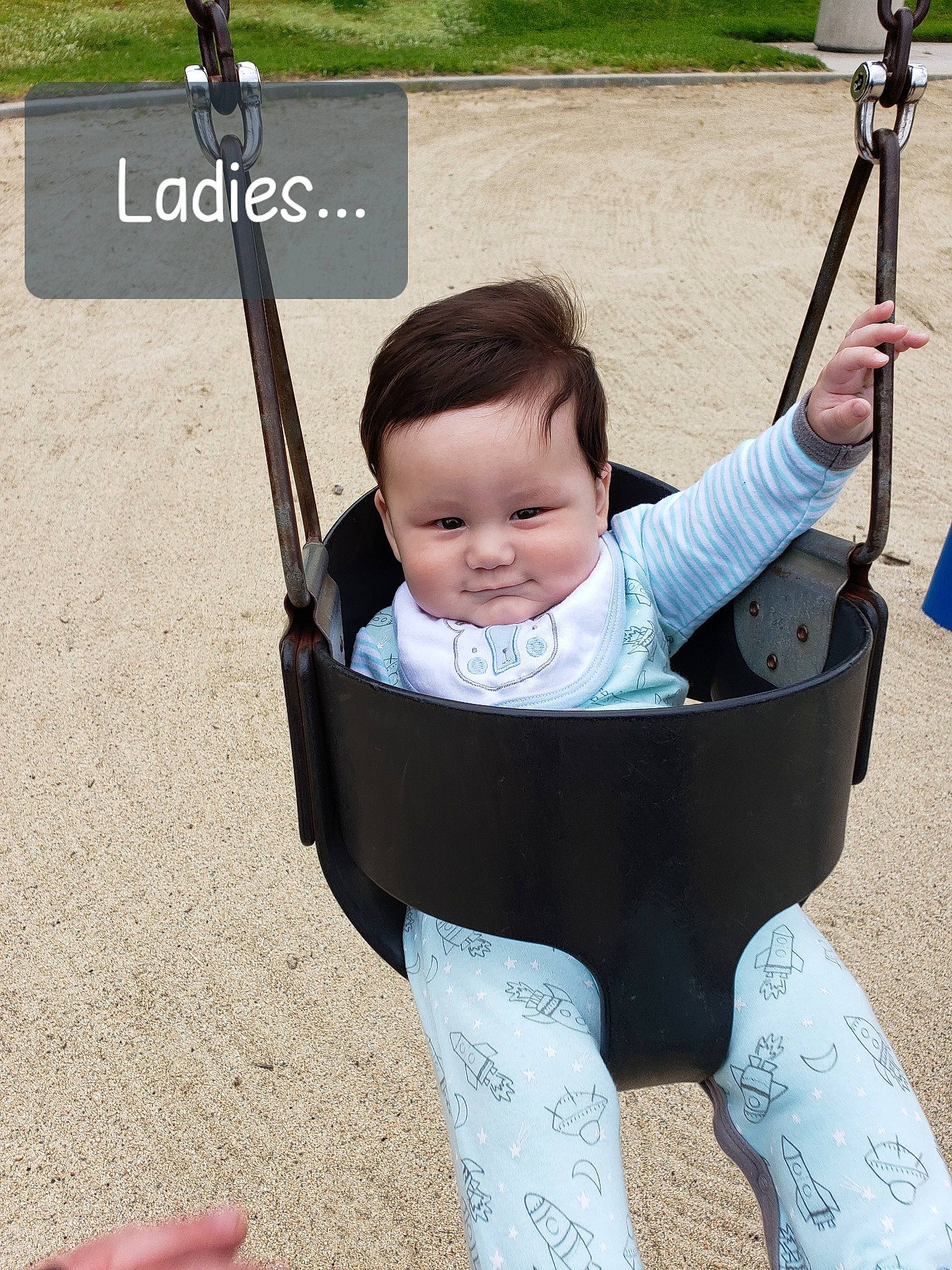 Leroy joined the competition — help win amazing prizes! baby, child, joy, outdoor_play_equipment, person, play, playground, product, public_space, smile, swing, toddler, vacation