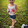 toddler, child, grass, outdoor, tank_top, handprints, denim_shorts, sandals, smiling, portrait, yard, chairs, car, can, clothing, summer, daytime, happy, nature, casual
