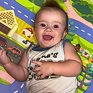 Andrew is registered to the contest to win money with this photo: baby, child, smiling, play_mat, colorful, indoor, happy, infant, cute, person, clothing, skin, face, head, hand, legs, toy, background, pattern, diaper