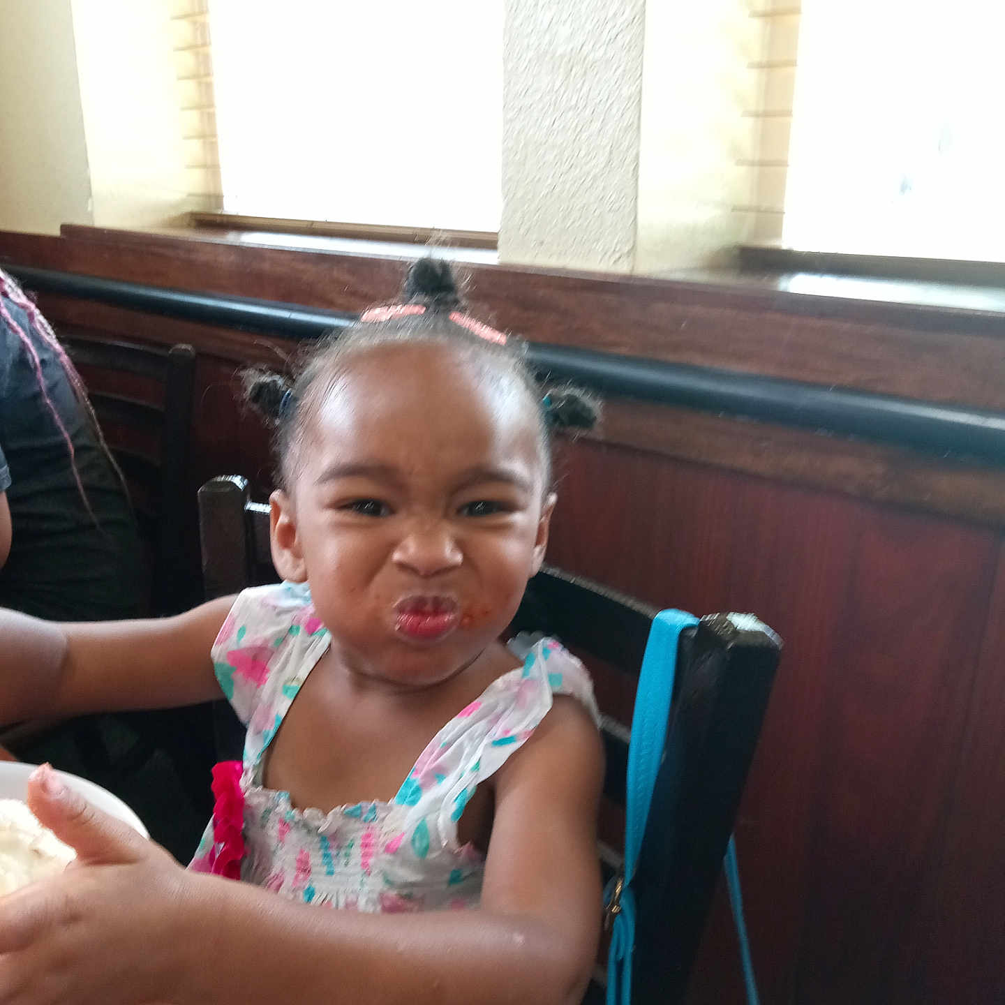 Aaliyah Jade is registered to the contest to win money with this photo: bodypart, child, couch, face, female, finger, food, foodcourt, furniture, girl, hand, hardwood, head, indoors, person, photography, portrait, restaurant, sitting, wood