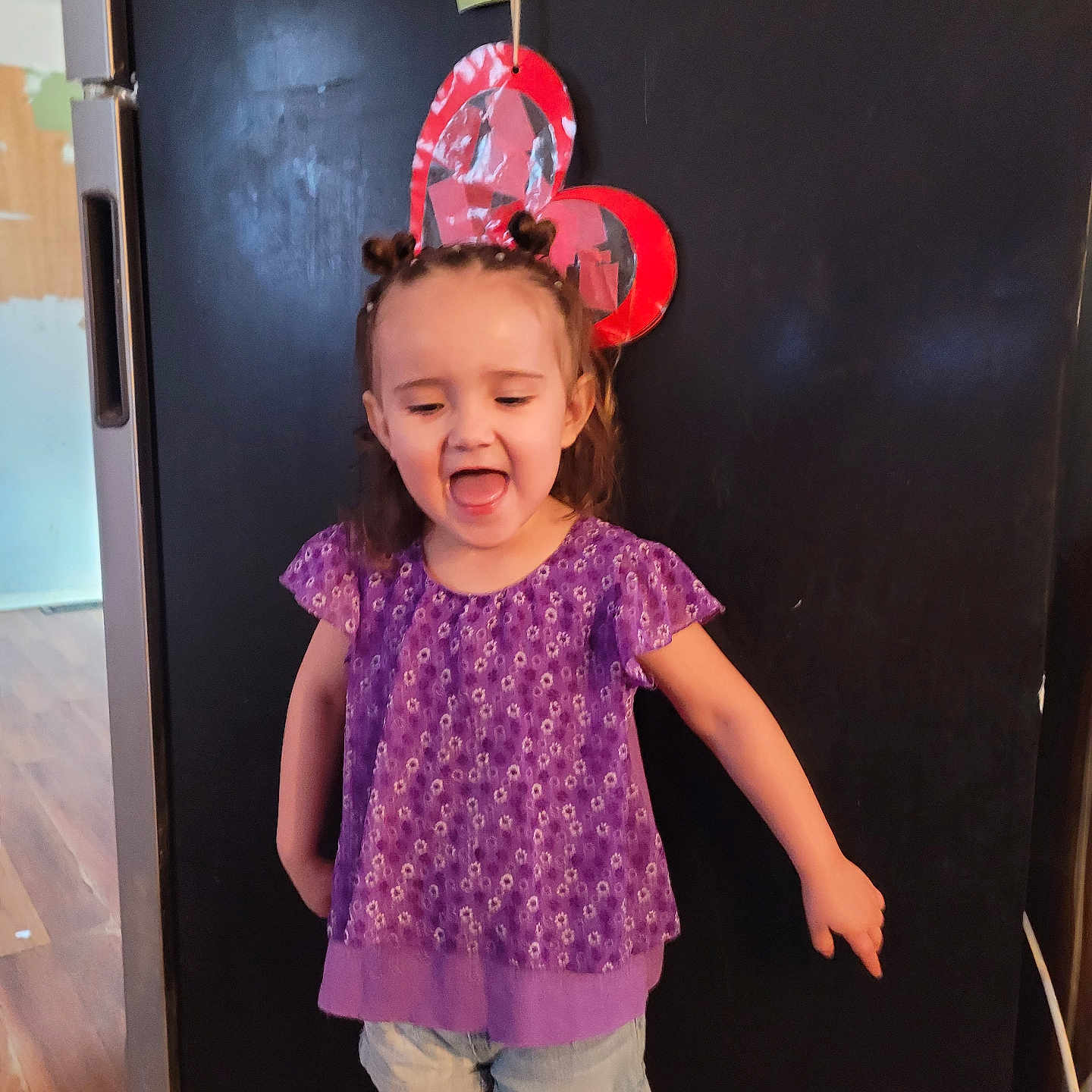 Justice joined the competition — help win amazing prizes! balloon, blackboard, blouse, child, clothing, door, dress, face, female, girl, hat, head, indoors, pants, person, photography, portrait, shorts, t_shirt, wood