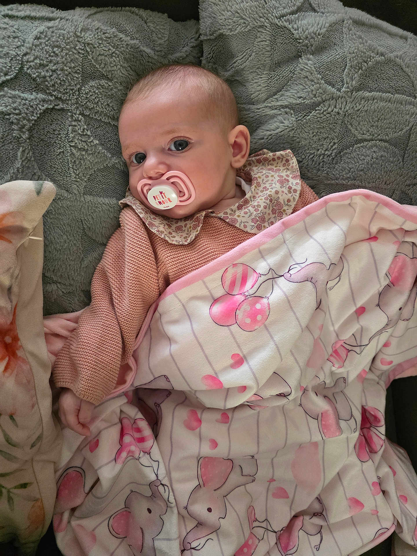 Stella a rejoint le concours — aidez-le/la à gagner de superbes lots ! baby, blanket, pacifier, cushion, clothing, face, person, pink, elephant, heart, pattern, sleeping_area, cute, infant, soft_texture, indoor, portrait, resting, child, comfort