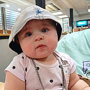 Daeneris is registered to the contest to win money with this photo: baby, child, indoor, face, hat, cap, polka_dot, onesie, chain, pacifier_clip, blue_eyes, cute, plump, person, casual, seated, curious, infant, clothing, portrait