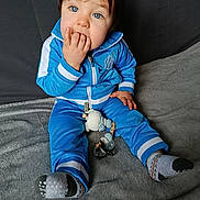 Maël a rejoint le concours — aidez-le/la à gagner de superbes lots ! baby, blue_eyes, blue_tracksuit, child, clothing, comfortable, cozy, curious_expression, cute, face, hand_in_mouth, indoor, pacifier, person, portrait, sitting, socks, soft_blanket, toddler, young_child